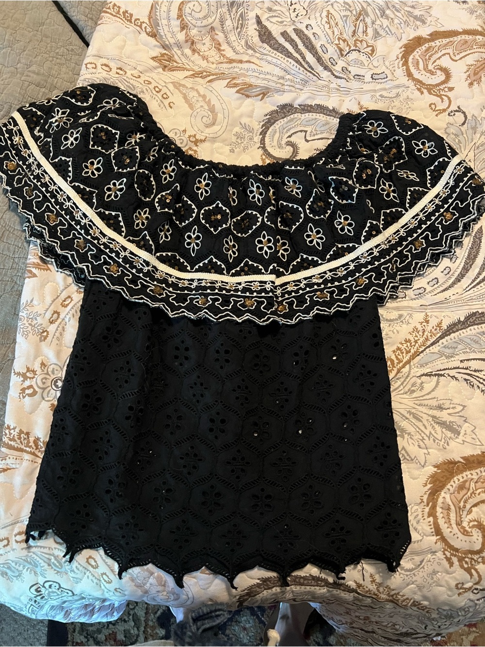 Hemant & Nandita Black Eyelet Embroidered Off-the-Shoulder Top | Size Small